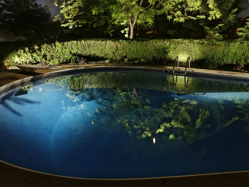 Pool at night with the surrounding hedge and trees lit, their reflections carried across the still surface