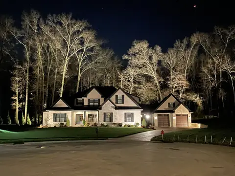 Tall bare trees uplit behind a two-story home at night